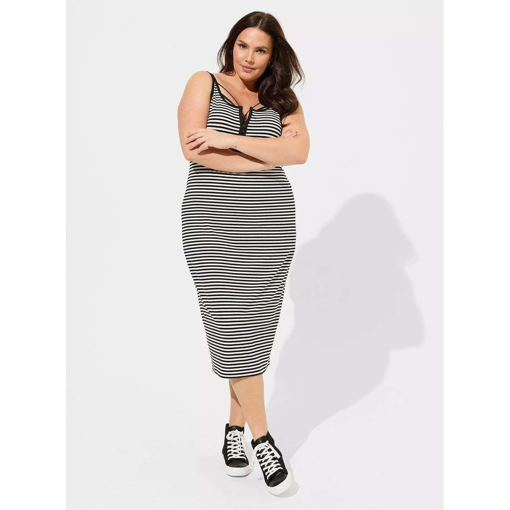 Torrid Black White Striped Ribbed Hook‎ Eye Front Midi Bodycon Tank Dress Womens - Picture 5 of 8